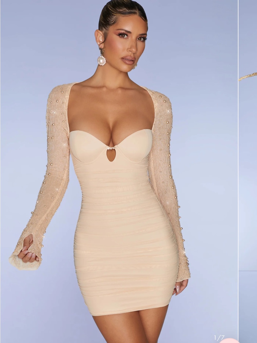 Oh Polly st Germain embelleshed long sleeve mini dress sand 6